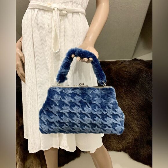 Blue Houndstooth Genuine Shearling Leather Kisslock Handbag, Multi Use Style - Picture 10 of 16